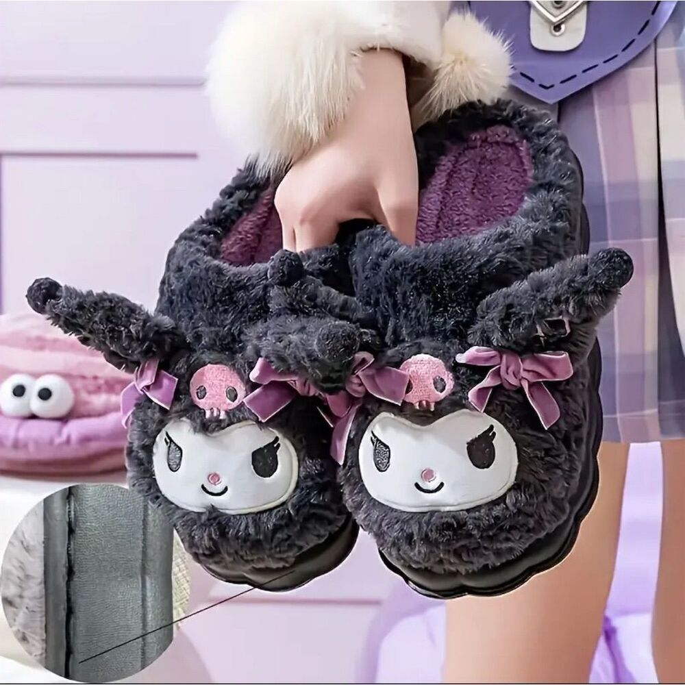 Sanrio Kuromi Plush Slippers Black 7.5 Kawaii Cozy Slide On Y2k Trendy Comfy - Picture 5 of 8